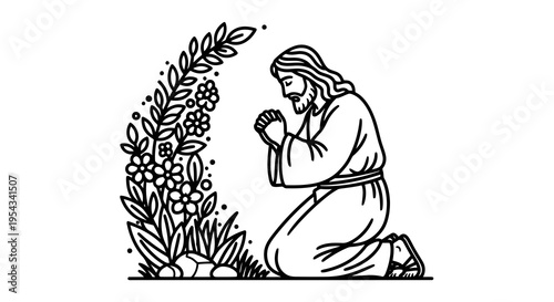 A serene illustration of a person kneeling in prayer beside a flowering plant.
