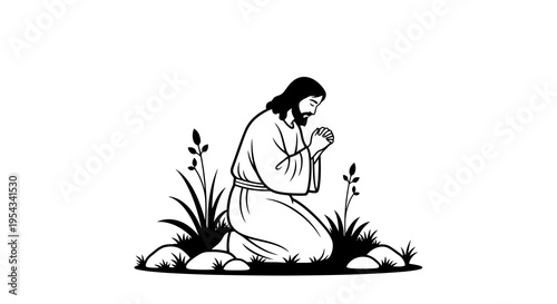 A serene illustration of a person praying in a peaceful environment surrounded by nature.