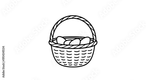 A simple line drawing of a wicker basket with a handle and bread inside.