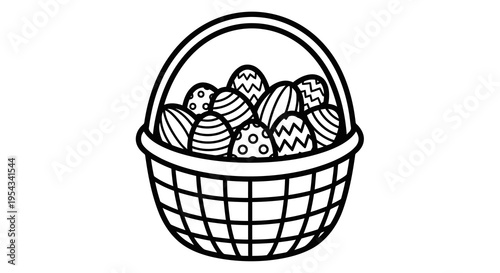 A simple black and white illustration of a basket full of easter eggs.