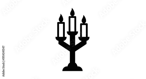 A simple black silhouette of a candelabra with three candle holders on a plain white background.