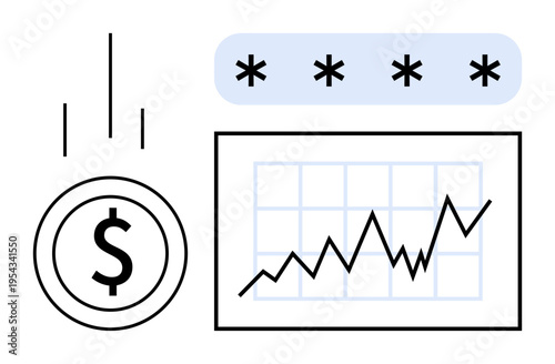 Financial analysis, business growth, online security, data management, economic progress, secure transactions. Dollar icon, rising graph secured password field. Financial analysis and business