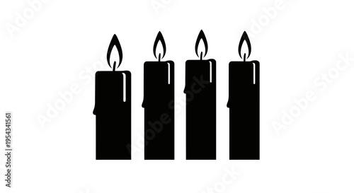 Four lit candles in a row on a white background.
