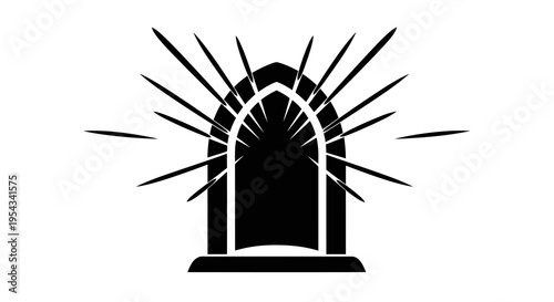 A black and white image of an arched doorway with rays emanating from it.