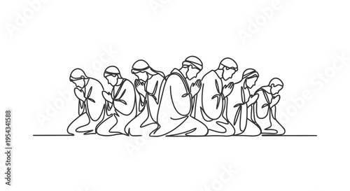 A group of people kneeling in a line, possibly in prayer or contemplation.
