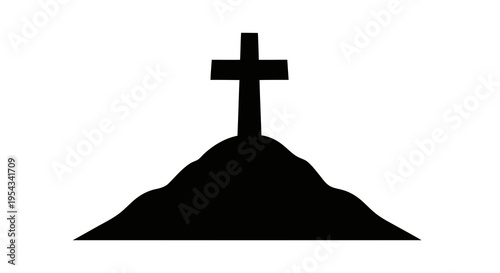 A black silhouette of a cross standing on a hill against a white background.