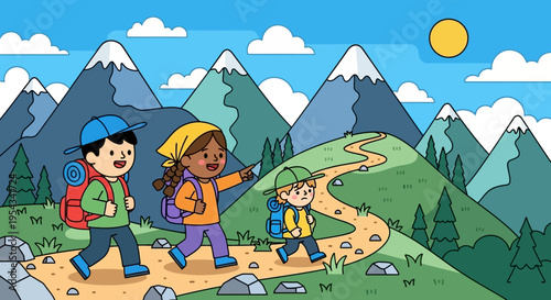 Children Hiking in Mountainous Landscape Together.
