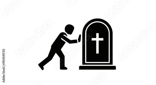A person pushing a tombstone with a cross on it, symbolizing grief and loss.