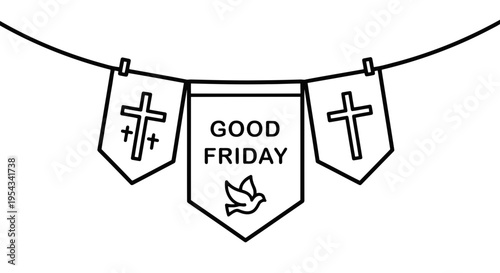 Good friday banner with three flags hanging on a string with cross symbols and a dove.