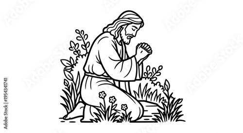 A kneeling figure in contemplation amidst foliage and flowers.