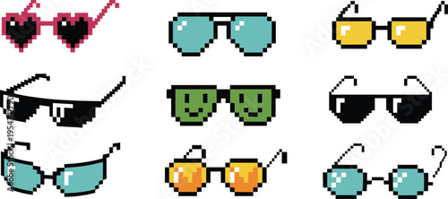 Pixel sunglasses icons vector set, retro 8bit eyewear fashion glasses collection illustration design