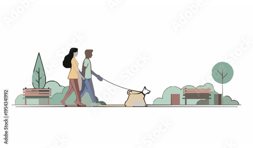 Couple walking dog on leash in peaceful park scene with romantic lifestyle concept modern vector illustration isolated on white