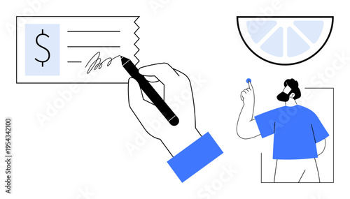 Financial management, business negotiations, payment processing, contract signing, banking services, modern commerce. Hand signing a check, a person holding a coin a segmented circle. Financial