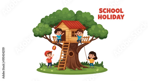 Children Playing in Treehouse During School Holiday.