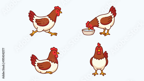Cute cartoon chicken set in various poses. Farm hens walking, eating, sitting, and standing. Adorable poultry vector illustration.