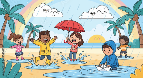 Children Playing on Rainy Beach Day.