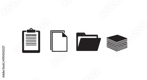Clipboard Document File Folder Paper Stack Icons Row Minimal Black Silhouettes Clean Layout