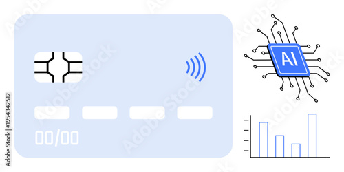 Digital payments, AI innovation, financial technology, contactless transactions, data processing, security. Payment card, AI chip bar chart. Digital payments and AI innovation concept