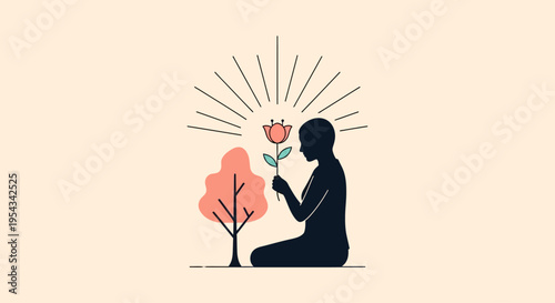 Silhouette of person proposing with rose under glowing sunset light against minimalist background