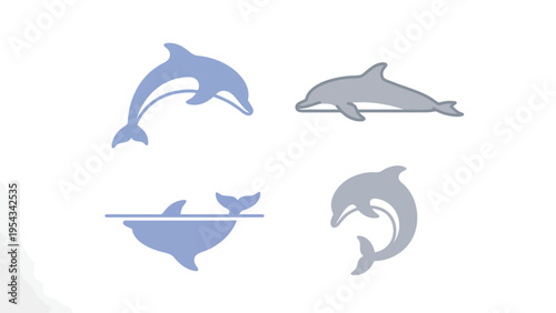 Stylized Dolphin Silhouettes Collection. Marine Animal Icons in Blue and Grey.
