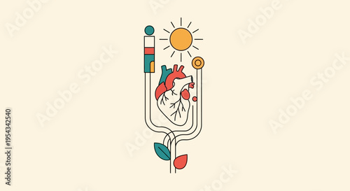 Abstract illustration of a human heart connected to stylized sun and plant elements, symbolizing life and growth.