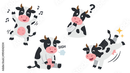 Cute Cartoon Cows Character Set: Diverse Emotions & Actions - Dancing, Thinking, Sighing, Jumping Farm Animals