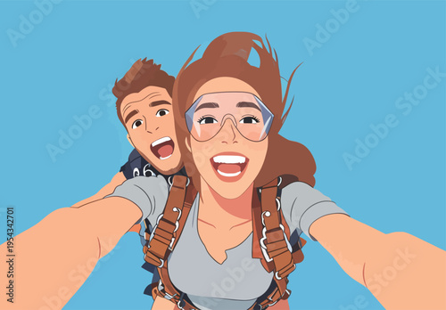 Two people smiling during a fun adventure in the sky while parachuting over a clear blue background during a sunny day