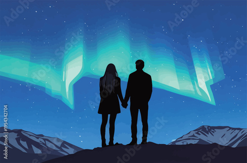 Couple stands together holding hands under the northern lights in a dark sky with stars in a remote mountain area