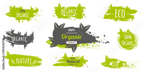 Organic and eco labels set. Horizontal vector illustration of green and black badges on brush strokes with leaves. Minimalist style for natural food packaging and branding marketing.

