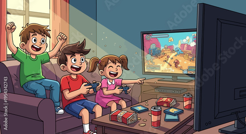 Children Playing Video Games on Couch.
