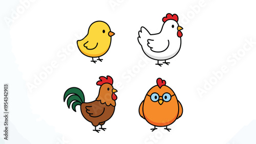 Adorable Farm Animal Characters: Cartoon Chickens, Hen, Rooster, and Chicks Vector Set