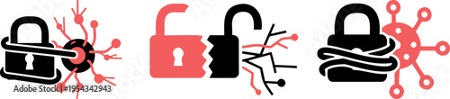 Cybersecurity breach and hacking icons with lock attack concept for security apps and alerts
