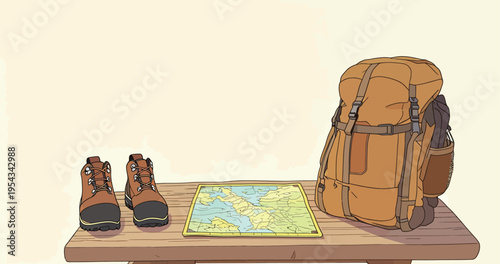 Preparing for a hiking trip with gear, map, and backpack on a wooden table in the afternoon