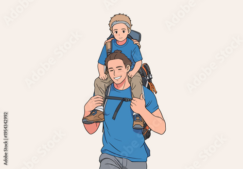 Father carries son on shoulders during a hike in a natural setting on a sunny day
