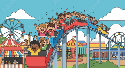 Children Riding Roller Coaster at Amusement Park.