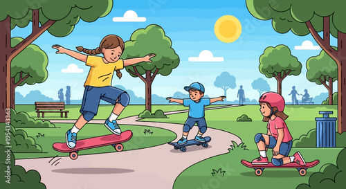 Children Riding Skateboards in the Park.