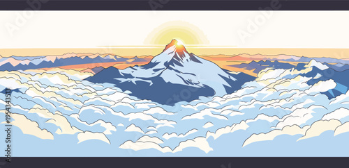 Mountain peak rises above clouds at sunrise with bright sun shining in the sky during early morning hours