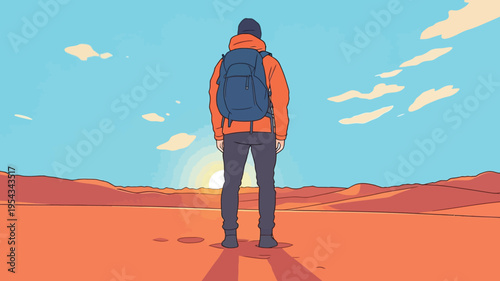 Person stands in desert at sunrise with backpack and clear blue sky above