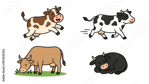 Set of Happy Cartoon Cows: Running, Grazing, and Sleeping Farm Animals in Cute Illustration Style