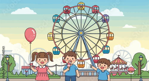 Children Standing Near Amusement Park Ride.
