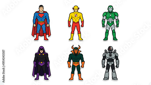 Superhero Team Lineup Classic Comic Book Heroes and Villains in Stylized Illustration