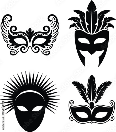Masquerade mask silhouettes vector set, ornate carnival feather decorative party costume face illustration design