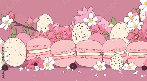 Delightful display of pink macarons and decorative eggs among flowers on a pink background