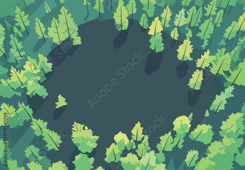 Forest clearing with trees surrounding a dark water body in the middle during daytime