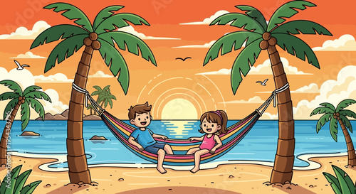 Couple Relaxing in Hammock on Beach.