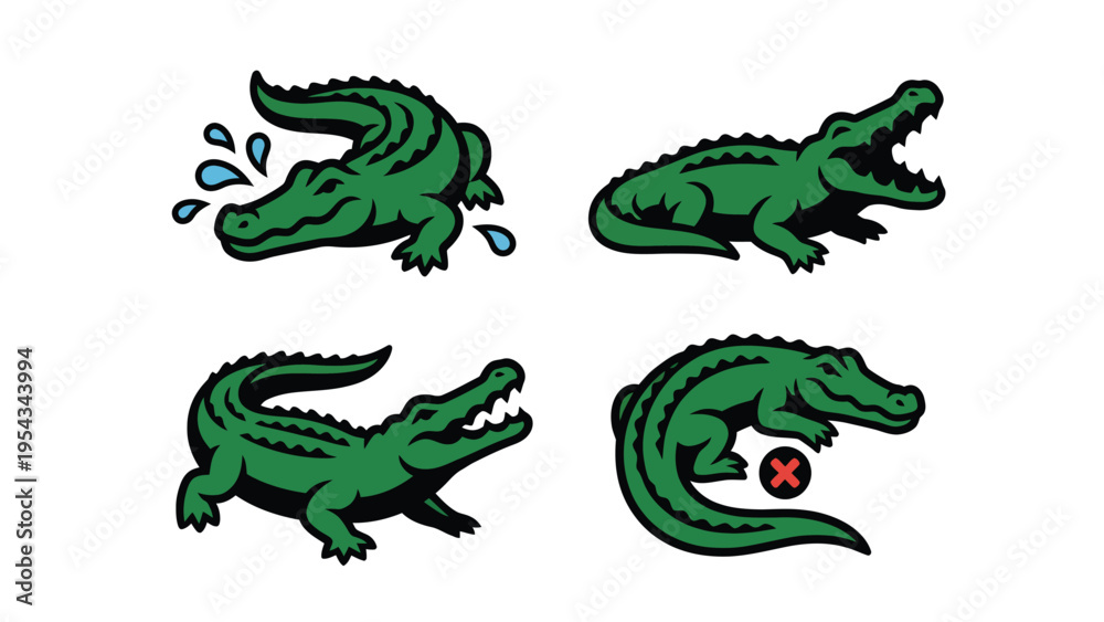 Fototapeta premium Dynamic Green Crocodile Illustrations: Swimming, Roaring, and Warning Vector Set