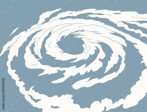 Swirling clouds form a circular pattern in the sky over a calm landscape during the early afternoon