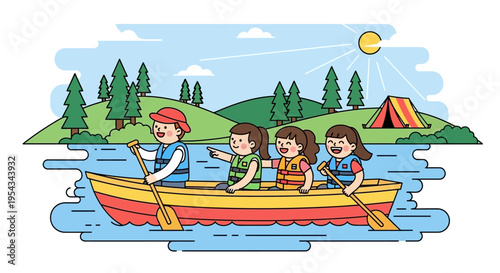 Family Enjoying Canoeing on Serene Lake.