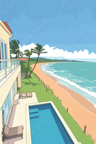 View of coastline and pool from a beachfront house during sunny day with trees and beach visible in the background