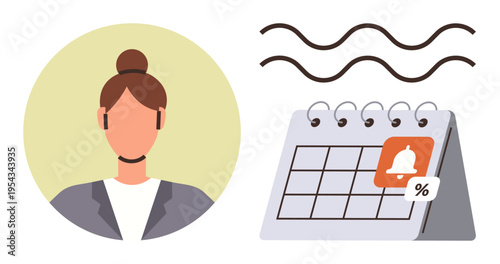 Time management, scheduling, reminders, professional organization, productivity, daily planning. Profile of a businesswoman, calendar with notification icon. Time management and scheduling theme